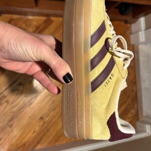 adidas Gazelle Women's Yellow Suede Sneakers with Maroon Stripes